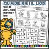 Palabras Bisílabas Sopa de Letras 8 Hoja de actividades ilustrada con una sopa de letras y dibujos lineales, que incluyen un gato, un sombrero, una cama y una vaca. A la izquierda hay un guepardo de dibujos animados con una lupa. El texto en español dice