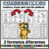 Palabras Bisílabas Sopa de Letras 10 Ilustración que muestra dos fichas de trabajo de aprendizaje diferentes para escribir palabras con diversas actividades. En primer plano se ve un jaguar de dibujos animados con una lupa. El texto en la parte superior e inferior describe los materiales.