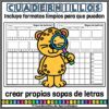 Palabras Bisílabas Sopa de Letras 11 Ilustración de un leopardo de dibujos animados que sostiene una lupa, de pie frente a una cuadrícula de búsqueda de palabras en blanco. El texto en español dice