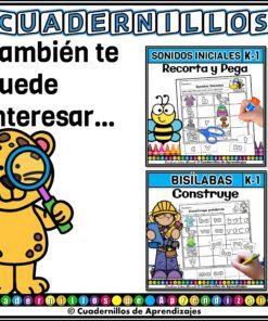 Un jaguar de dibujos animados con una lupa aparece junto a un texto en español que promociona dos folletos educativos para niños, con actividades sobre los sonidos iniciales y la construcción de palabras bisílabas con divertidas ilustraciones.