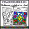 Colorea por Código Sumas y Restas Números hasta 10 San Valentín 9 Hojas de trabajo de matemáticas para colorear por números para sumar hasta 10 en español. Las hojas de trabajo presentan un sol sonriente y formas de corazón. El texto dice