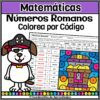 Un perro de dibujos animados vestido de pirata junto a una hoja de ejercicios de matemáticas sobre números romanos. La hoja de ejercicios muestra un cofre del tesoro y tiene espacios de colores etiquetados con números romanos y códigos de colores.