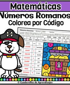 Un perro de dibujos animados vestido de pirata junto a una hoja de ejercicios de matemáticas sobre números romanos. La hoja de ejercicios muestra un cofre del tesoro y tiene espacios de colores etiquetados con números romanos y códigos de colores.