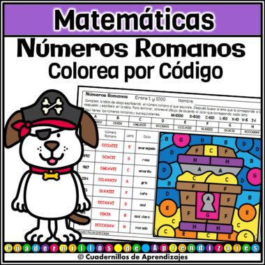 Un perro de dibujos animados vestido de pirata junto a una hoja de ejercicios de matemáticas sobre números romanos. La hoja de ejercicios muestra un cofre del tesoro y tiene espacios de colores etiquetados con números romanos y códigos de colores.