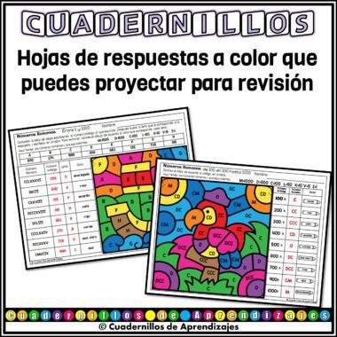 Dos coloridas hojas de respuestas con números romanos y cifras, cada una con una actividad de colorear por números. El texto de arriba dice: "Hojas de respuestas a color que puedes proyectar para revisión".