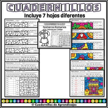 Vista previa de un paquete educativo en español titulado "Cuadernillos", con 7 hojas de trabajo de números romanos para colorear. La imagen muestra páginas de ejemplo con secciones para colorear y un dibujo de ojo de cerradura en color completado.