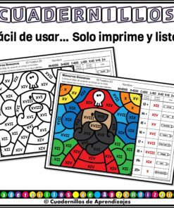 Se muestran superpuestas dos coloridas hojas de trabajo imprimibles para practicar los números romanos. El texto de arriba dice: 