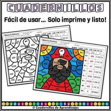 Se muestran superpuestas dos coloridas hojas de trabajo imprimibles para practicar los números romanos. El texto de arriba dice: "Fácil de usar... Solo imprime y listo!" También se incluyen un encabezado y un pie de página decorativos.