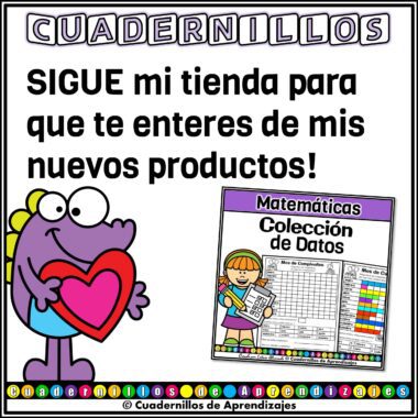 Personaje de dibujos animados que sostiene un corazón junto a una hoja de matemáticas. El texto en español dice: "Sigue mi tienda para que te enteres de mis nuevos productos". Borde brillante y colorido con diseño lúdico.