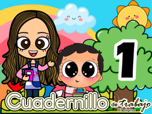 Ilustración de una mujer sonriente y un niño de grandes ojos junto a un árbol marcado con el número "1", con un sol y una nube detrás. Texto: "PREESCOLAR 1 CUADERNILLO DE TRABAJO 2026, 167 páginas". Ideal para actividades preescolares en 2026.