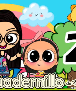 Portada de dibujos animados para PREESCOLAR 1 CUADERNILLO DE TRABAJO 2026: dos chicas (una más alta con gafas, otra más baja con una cinta rosa en la cabeza) junto a un árbol marcado con el "2", con un sol sonriente, una nube y rayas de arco iris de fondo.