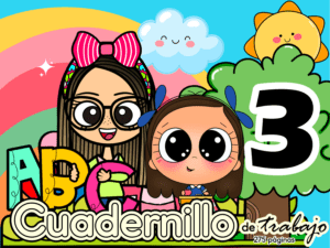 Colorida ilustración de dos sonrientes niñas de dibujos animados con grandes ojos que sostienen letras del alfabeto, con un sol, nubes, arco iris y árboles en el fondo. Texto: "PREESCOLAR 1 CUADERNILLO DE TRABAJO 2026, 275 páginas.