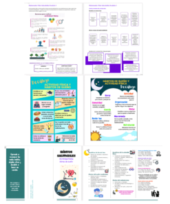 Un collage de varios carteles infográficos en diferentes idiomas, que cubren temas como salud, bienestar, hábitos de sueño y consejos académicos del programa Diplomado Vida Saludable Contestado, presentados en diversos colores y diseños.
