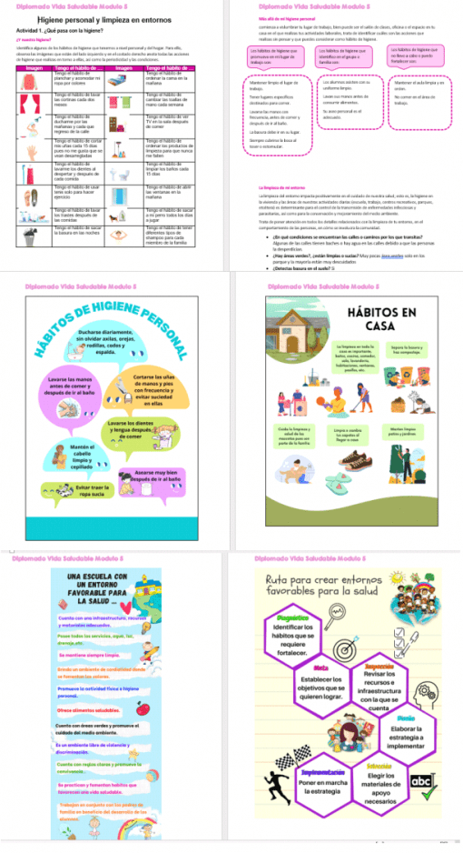 Un collage de seis carteles educativos en español sobre temas como higiene personal, hábitos en el hogar, políticas de salud escolar y entornos promotores de la salud. Cada cartel utiliza gráficos y texto coloridos, diseñados para el curso Diplomado Vida Saludable Contestado.