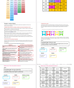 La imagen presenta múltiples secciones de texto y diagramas de flujo, que presentan estrategias educativas, métodos de enseñanza y actividades de aprendizaje en varias tablas y diagramas coloridos para un Diplomado Vida Saludable Contestado.