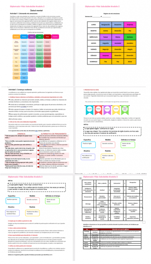 La imagen presenta múltiples secciones de texto y diagramas de flujo, que presentan estrategias educativas, métodos de enseñanza y actividades de aprendizaje en varias tablas y diagramas coloridos para un Diplomado Vida Saludable Contestado.