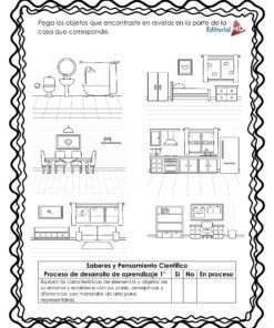 Cuadernillo de Trabajo Mi Casa ofrece una hoja de trabajo en blanco y negro con seis habitaciones para que los alumnos recorten y peguen imágenes de revistas en los lugares adecuados. Todas las instrucciones están en español.