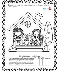 Una familia de cuatro miembros y un perro sonríen dentro de su casa. El Cuadernillo de Trabajo Mi Casa inspira la decoración con acuarelas, destaca la vivienda como un derecho e incluye una sección para seguir el progreso de su aprendizaje.