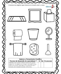 El Cuadernillo de Trabajo Mi Casa incluye una hoja de trabajo en blanco y negro en español con objetos del cuarto de baño como una toalla, un espejo y jabón. Las instrucciones piden a los niños que coloreen los objetos que suelen encontrarse en casa.