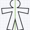 Un simple contorno negro de una figura humana sobre un fondo de papel cuadriculado. La figura tiene brazos y piernas extendidos, con una línea vertical verde que actúa como Vídeo Eje de simetría recorriendo el centro de su cuerpo.