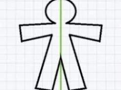 Un simple contorno negro de una figura humana sobre un fondo de papel cuadriculado. La figura tiene brazos y piernas extendidos, con una línea vertical verde que actúa como Vídeo Eje de simetría recorriendo el centro de su cuerpo.