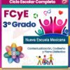 Portada del libro de texto "Programa Analítico de Formación Cívica y Ética 3° Grado NEM" para el Ciclo Escolar 2024 – 2025, adornado con símbolos y formas coloridas. Presenta íconos como un globo terráqueo y figuras humanas, destacando "Nueva Escuela Mexicana" junto a "Contextualización, Codiseño y Plano Didáctico".
