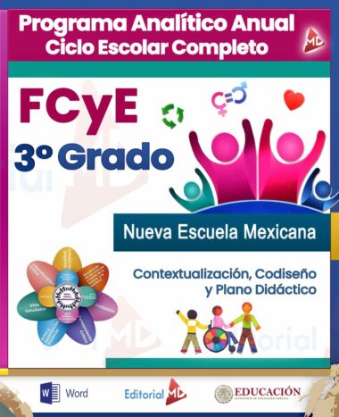 Portada del libro de texto "Programa Analítico de Formación Cívica y Ética 3° Grado NEM" para el Ciclo Escolar 2024 – 2025, adornado con símbolos y formas coloridas. Presenta íconos como un globo terráqueo y figuras humanas, destacando "Nueva Escuela Mexicana" junto a "Contextualización, Codiseño y Plano Didáctico".