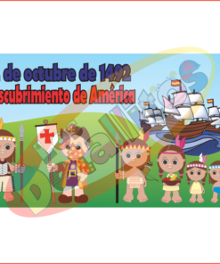 Diseño Para Lona Del Descubrimiento De América 100 X 60 CMS mostrando una ilustración colorida de Cristóbal Colón y personas indígenas, conmemorando el "12 de octubre de 1492, Descubrimiento de América", con un fondo de barcos en el mar.