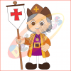 Ilustración de un niño de dibujos animados vestido como un caballero medieval, sosteniendo un escudo con una cruz roja, usando un sombrero marrón con una cruz dorada y una túnica colorida en SET DESCUBRIMIENTO DE AMÉRICA FONDO TRANSPARENTE.