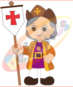 Ilustración de un niño de dibujos animados vestido como un caballero medieval, sosteniendo un escudo con una cruz roja, usando un sombrero marrón con una cruz dorada y una túnica colorida en SET DESCUBRIMIENTO DE AMÉRICA FONDO TRANSPARENTE.