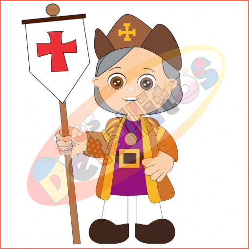 Ilustración de un niño de dibujos animados vestido como un caballero medieval, sosteniendo un escudo con una cruz roja, usando un sombrero marrón con una cruz dorada y una túnica colorida en SET DESCUBRIMIENTO DE AMÉRICA FONDO TRANSPARENTE.