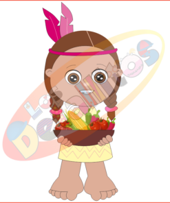 Caricatura de una joven nativa americana vestida con atuendo tradicional y sosteniendo una canasta de maíz y verduras, con una marca de agua 