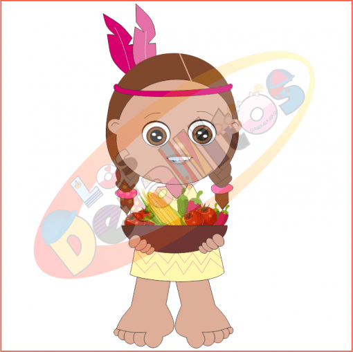 Caricatura de una joven nativa americana vestida con atuendo tradicional y sosteniendo una canasta de maíz y verduras, con una marca de agua "SET DESCUBRIMIENTO DE AMÉRICA FONDO TRANSPARENTE" sobre un fondo transparente.