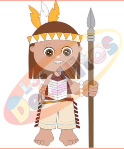 Ilustración de un personaje de dibujos animados sonriente vestido con atuendo indígena, con un tocado de plumas y sosteniendo una lanza. La imagen tiene un SET DESCUBRIMIENTO DE AMÉRICA FONDO TRANSPARENTE.