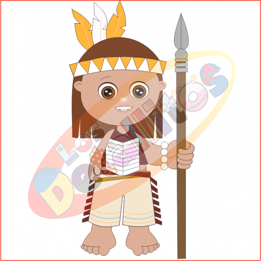 Ilustración de un personaje de dibujos animados sonriente vestido con atuendo indígena, con un tocado de plumas y sosteniendo una lanza. La imagen tiene un SET DESCUBRIMIENTO DE AMÉRICA FONDO TRANSPARENTE.