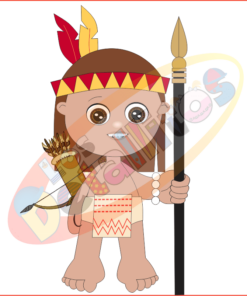 Ilustración de una caricatura de una niña nativa americana sosteniendo una lanza y vistiendo ropa tradicional con una diadema de plumas y un carcaj de flechas en la espalda, frente a un SET DESCUBRIMIENTO DE AMÉRICA FONDO TRANSPARENTE.