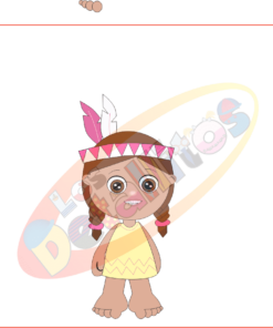 Ilustración de una caricatura de una niña nativa americana, con una diadema de plumas y un vestido amarillo, de pie con un brazo ligeramente levantado, frente al Set Descubrimiento de América Fondo Transparente.