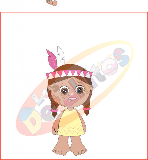 Ilustración de una caricatura de una niña nativa americana, con una diadema de plumas y un vestido amarillo, de pie con un brazo ligeramente levantado, frente al Set Descubrimiento de América Fondo Transparente.