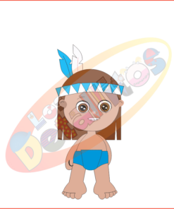 Ilustración de un bebé de dibujos animados con un pañal azul y una diadema de plumas, con símbolos como un biberón y un sonajero en SET DESCUBRIMIENTO DE AMÉRICA FONDO TRANSPARENTE.