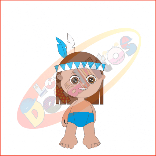 Ilustración de un bebé de dibujos animados con un pañal azul y una diadema de plumas, con símbolos como un biberón y un sonajero en SET DESCUBRIMIENTO DE AMÉRICA FONDO TRANSPARENTE.