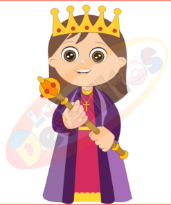 Ilustración de un rey de dibujos animados con una túnica morada y roja, sosteniendo un cetro y llevando una corona de oro con joyas en un SET DESCUBRIMIENTO DE AMÉRICA FONDO TRANSPARENTE. Tiene ojos marrones grandes y expresivos y una sonrisa amistosa.