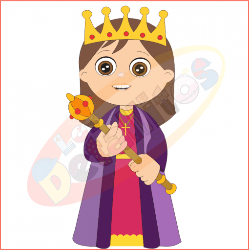 Ilustración de un rey de dibujos animados con una túnica morada y roja, sosteniendo un cetro y llevando una corona de oro con joyas en un SET DESCUBRIMIENTO DE AMÉRICA FONDO TRANSPARENTE. Tiene ojos marrones grandes y expresivos y una sonrisa amistosa.