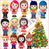 Ilustración de doce niños animados diversos vestidos con ropa de invierno, sosteniendo libros y parados alrededor de un árbol de Navidad decorado, Decoración Salón Los Detallitos Cantando Villancicos. Escena luminosa, colorida y alegre.