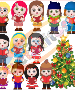 Ilustración de doce niños animados diversos vestidos con ropa de invierno, sosteniendo libros y parados alrededor de un árbol de Navidad decorado, Decoración Salón Los Detallitos Cantando Villancicos. Escena luminosa, colorida y alegre.