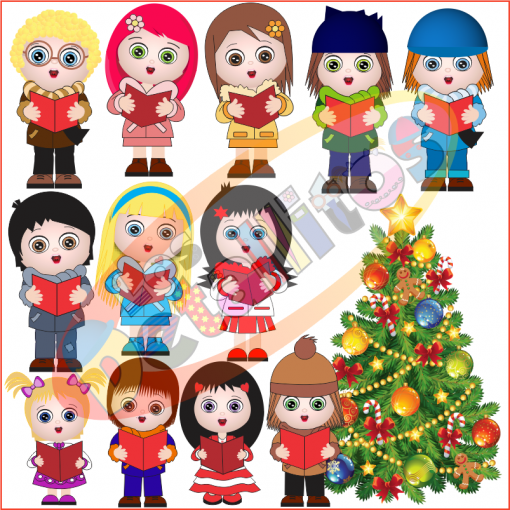 Ilustración de doce niños animados diversos vestidos con ropa de invierno, sosteniendo libros y parados alrededor de un árbol de Navidad decorado, Decoración Salón Los Detallitos Cantando Villancicos. Escena luminosa, colorida y alegre.