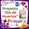 Gráfico colorido para un proyecto del "Día de Muertos" para la escuela primaria, con decoraciones festivas como papel picado, calaveras, flores, cruces y un sombrero, con una vista previa de un documento de Word en el centro.