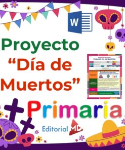 Gráfico colorido para un proyecto del "Día de Muertos" para la escuela primaria, con decoraciones festivas como papel picado, calaveras, flores, cruces y un sombrero, con una vista previa de un documento de Word en el centro.