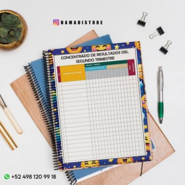 Una colorida hoja de cuaderno de notas titulada "Concentrado de Resultados del Segundo Trimestre" descansa sobre cuadernos de espiral, rodeada de un bolígrafo, un lápiz, un clip, una goma de borrar, una regla, clips y una pequeña planta verde.