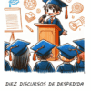 Ilustración de un estudiante sonriente con toga y birrete de graduación dando un discurso en un podio, con sus compañeros sentados delante e iconos de temática escolar de fondo. El texto reza: "DIEZ DISCURSOS DE DESPEDIDA PARA ALUMNOS DE SEXTO GRADO.