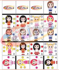 Una tarjeta del juego Dominó Niñas que presenta cuadrados ilustrados con varias lindas muñecas estilo dibujos animados con diferentes atuendos y círculos de colores numerados.